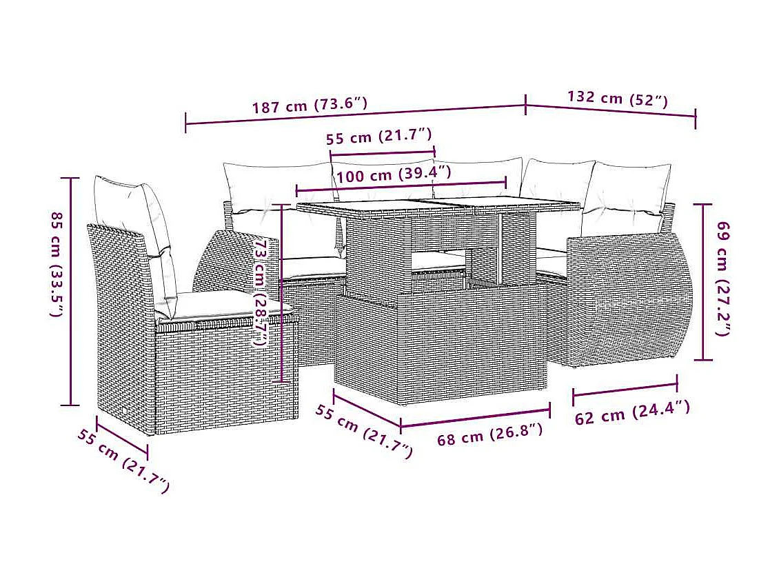 Salon de jardin 6 pièces avec coussins gris clair résine tressée
