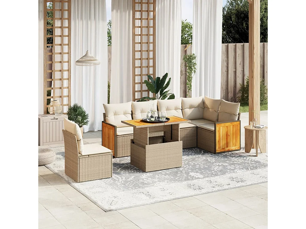 Salon de jardin avec coussins 7 pièces beige résine tressée
