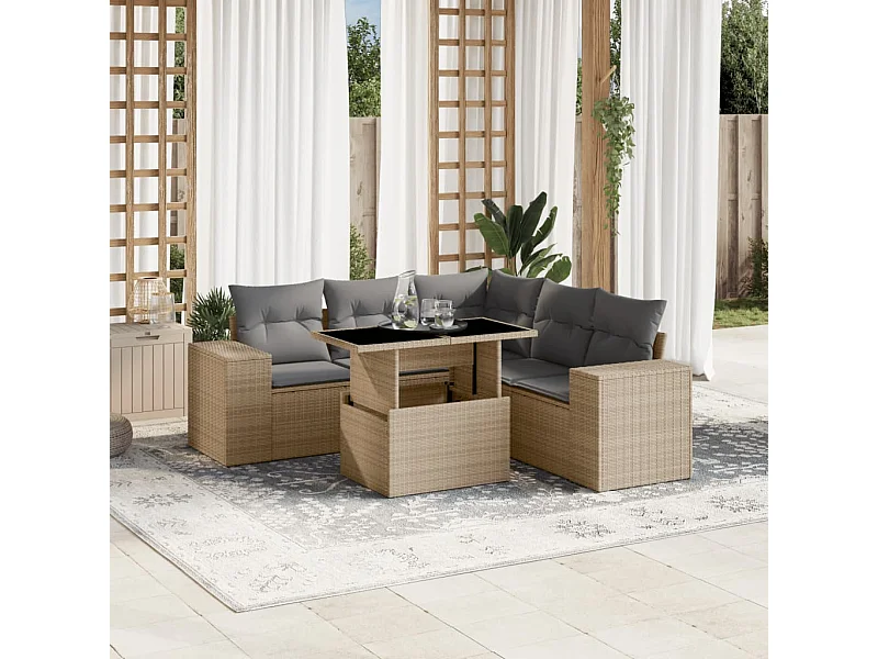 6-delige Loungeset met kussens poly rattan beige