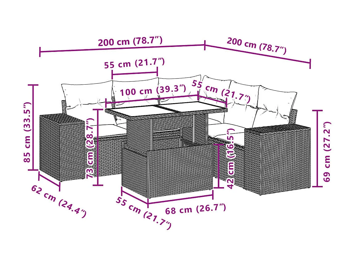 6-delige Loungeset met kussens poly rattan beige