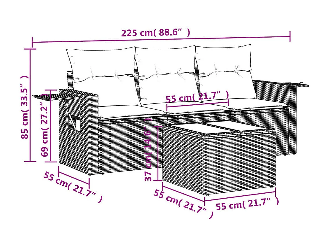 4-delige Loungeset met kussens poly rattan bruin
