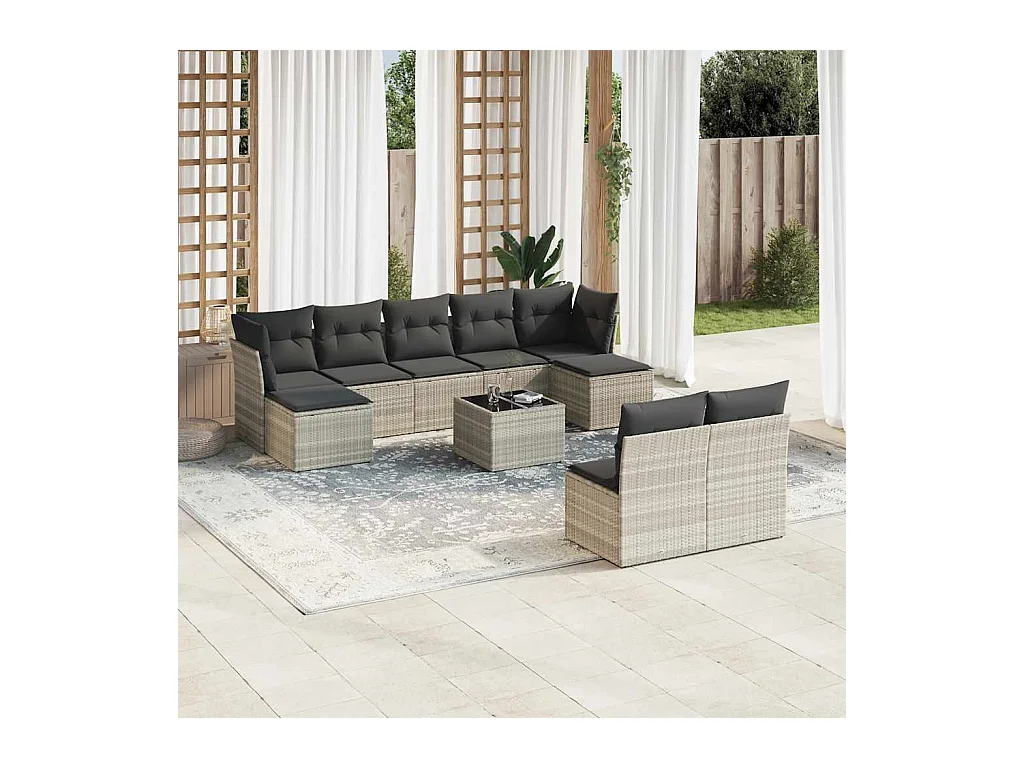 Salon de jardin avec coussins 10 pièces gris clair résine tressée
