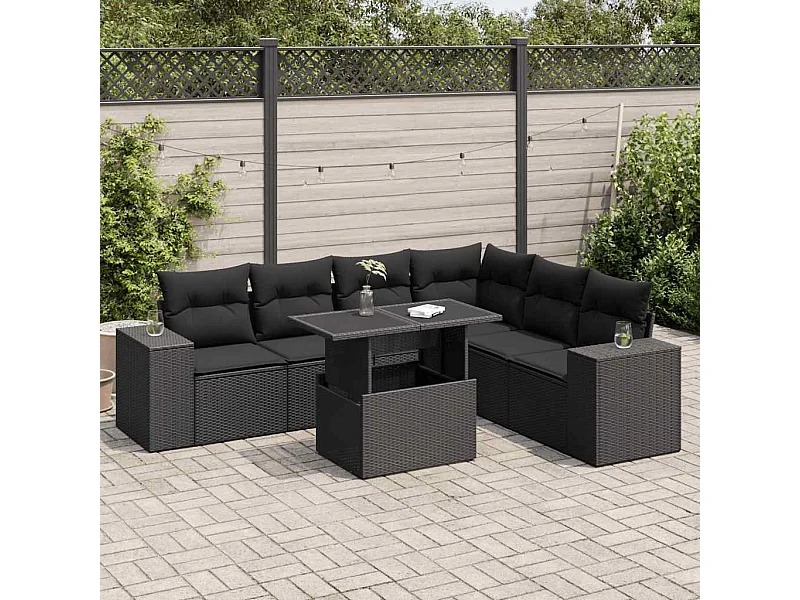 7 peças conjunto de sofás para jardim com almofadões vime PE preto