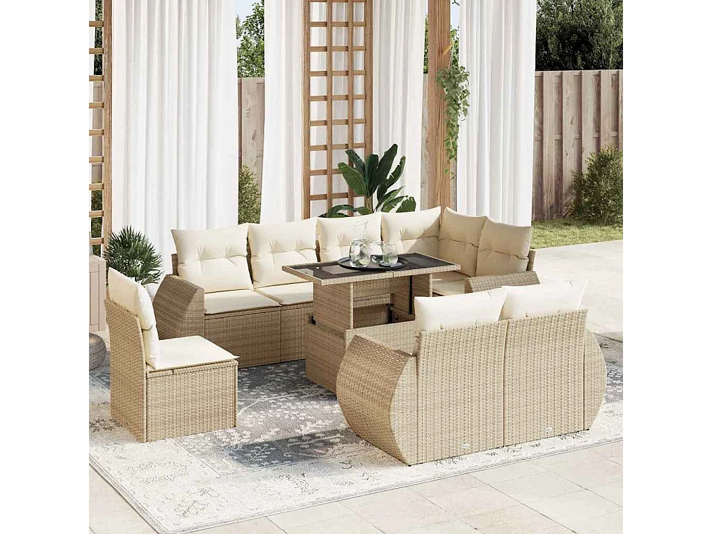 Salon de jardin avec coussins 9 pièces beige résine tressée