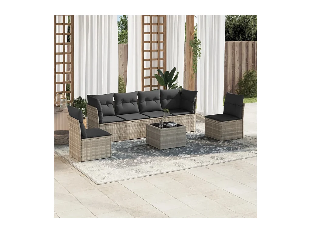7-delige Loungeset met kussens poly rattan lichtgrijs