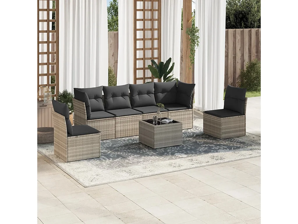 Salon de jardin avec coussins 7 pièces gris clair résine tressée