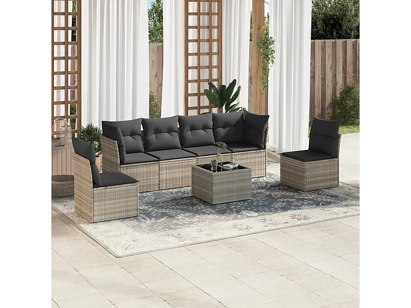 Salon de jardin avec coussins 7 pièces gris clair résine tressée
