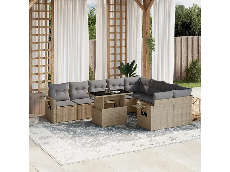 Salon de jardin avec coussins 10 pièces beige résine tressée