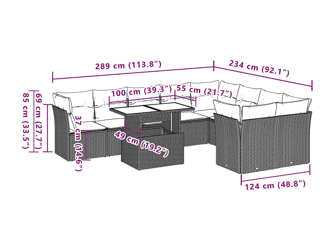 10-delige Loungeset met kussens poly rattan bruin