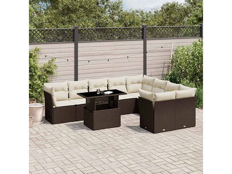 10-delige Loungeset met kussens poly rattan bruin