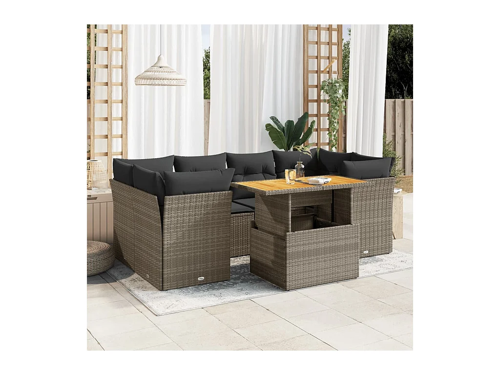 7-delige Loungeset met kussens poly rattan grijs