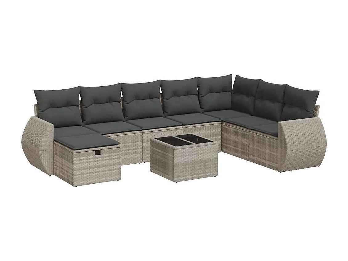 Salon de jardin 9 pièces avec coussins gris clair résine tressée