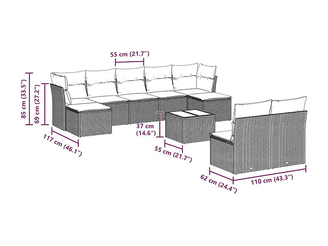 10 peças conj. sofás jardim com almofadões vime PE cinzento-claro