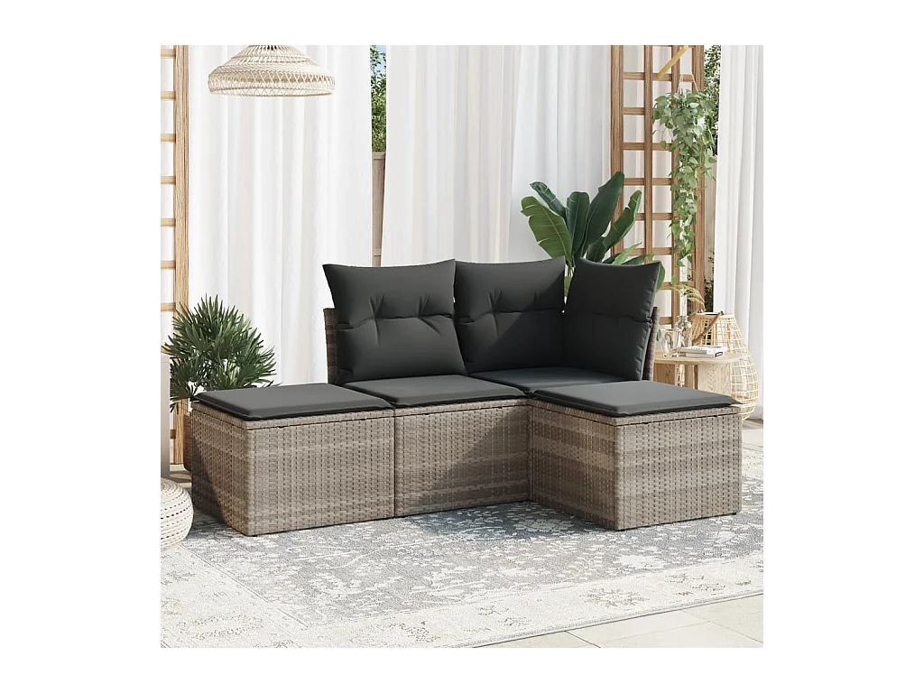 Set de sofás de jardín 4 piezas y cojines ratán sintético gris