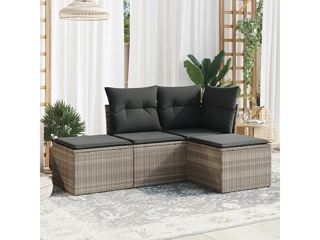 Salon de jardin 4 pièces avec coussins gris clair résine tressée