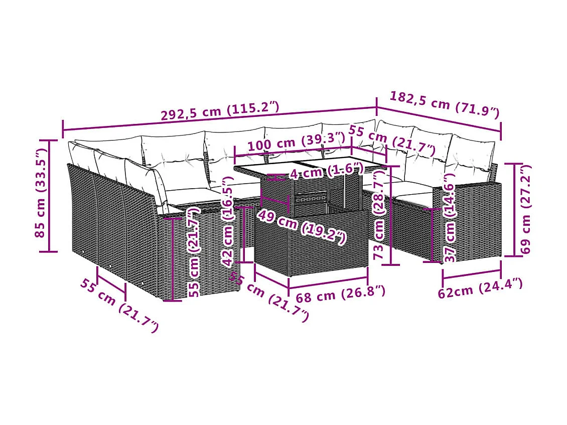 Set de sofás de jardín 10 piezas y cojines ratán sintético marrón