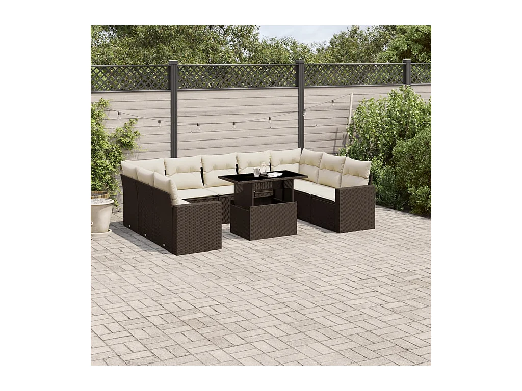 10-delige Loungeset met kussens poly rattan bruin