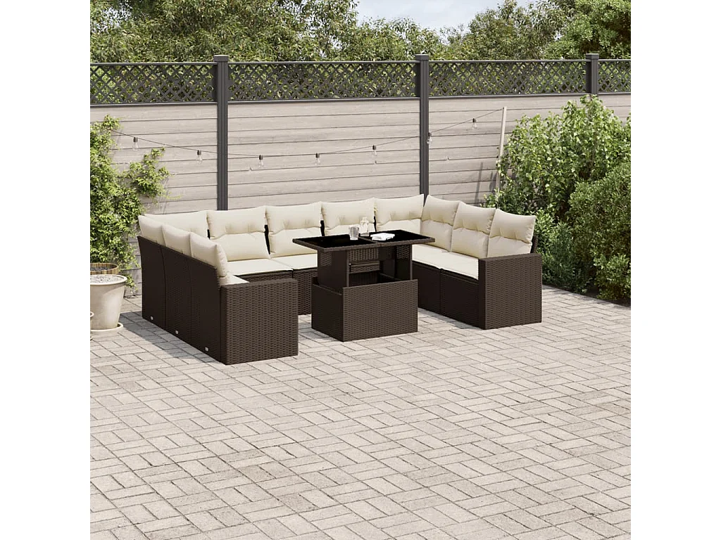 Salon de jardin 10 pièces avec coussins marron résine tressée