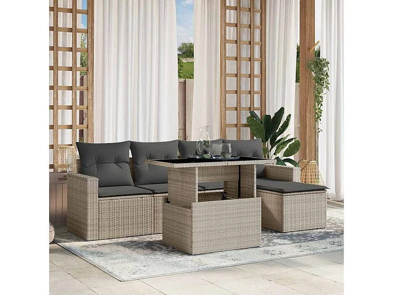 Salon de jardin 6 pièces avec coussins gris clair résine tressée