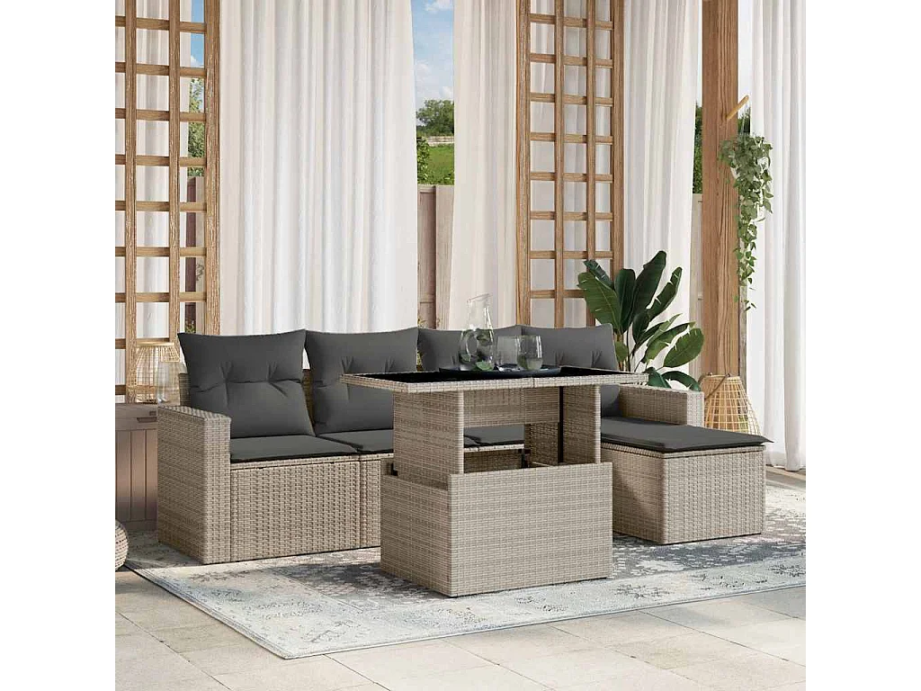 Salon de jardin 6 pièces avec coussins gris clair résine tressée