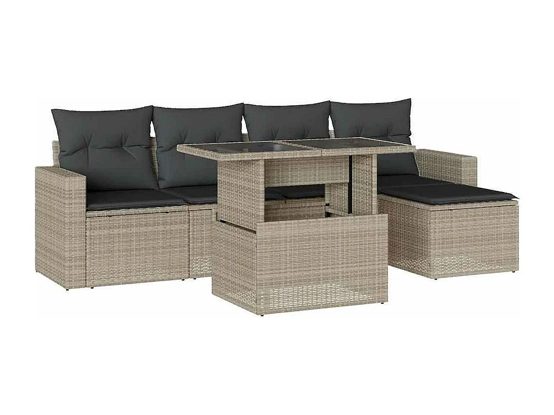 Salon de jardin 6 pièces avec coussins gris clair résine tressée