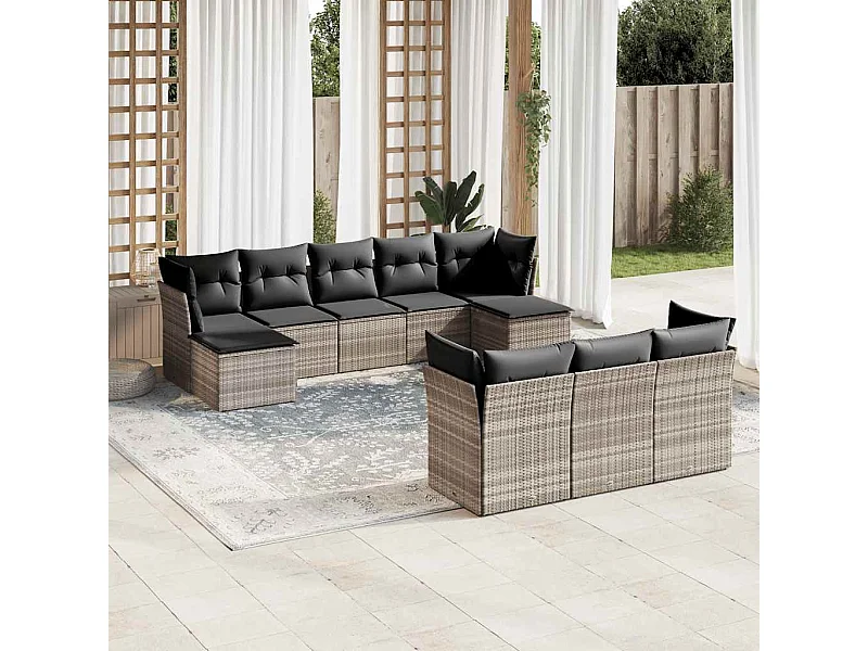 10-delige Loungeset met kussens poly rattan lichtgrijs