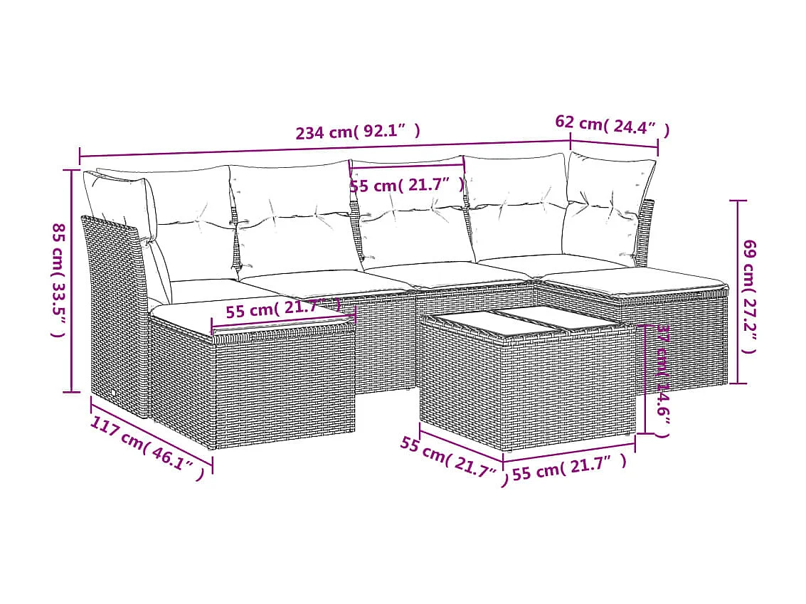 7-delige Loungeset met kussens poly rattan bruin