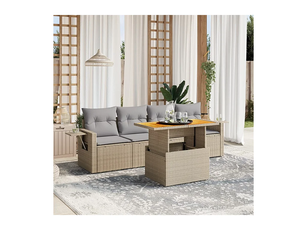 Salon de jardin avec coussins 5 pièces beige résine tressée