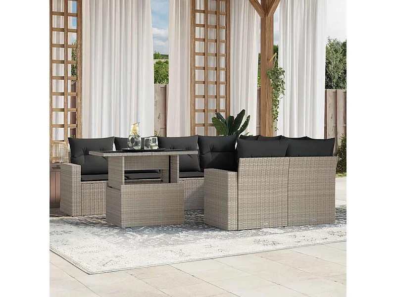 9 peças conj. sofás jardim com almofadões vime PE cinzento-claro