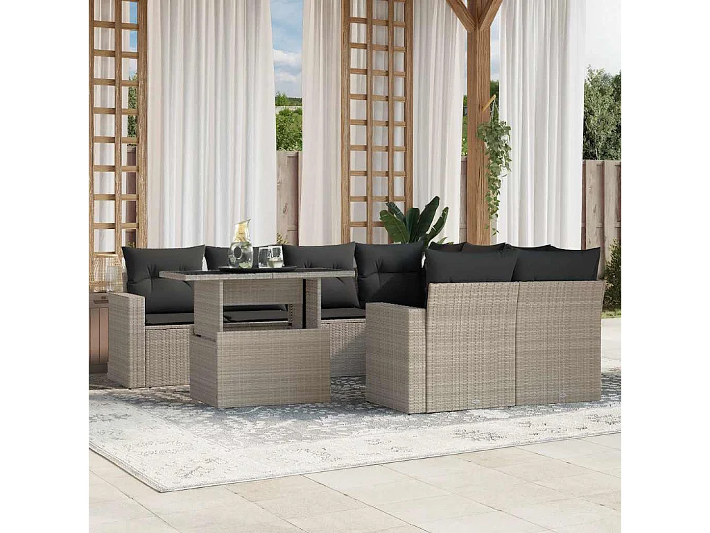 Salon de jardin 9 pièces avec coussins gris clair résine tressée