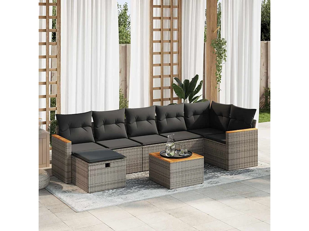 8 peças conjunto sofás de jardim com almofadões vime PE cinzento