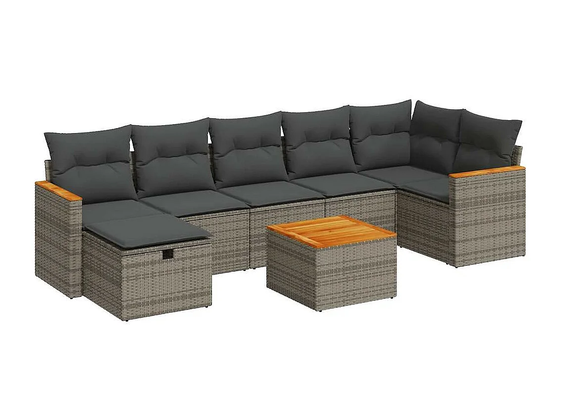 8 peças conjunto sofás de jardim com almofadões vime PE cinzento