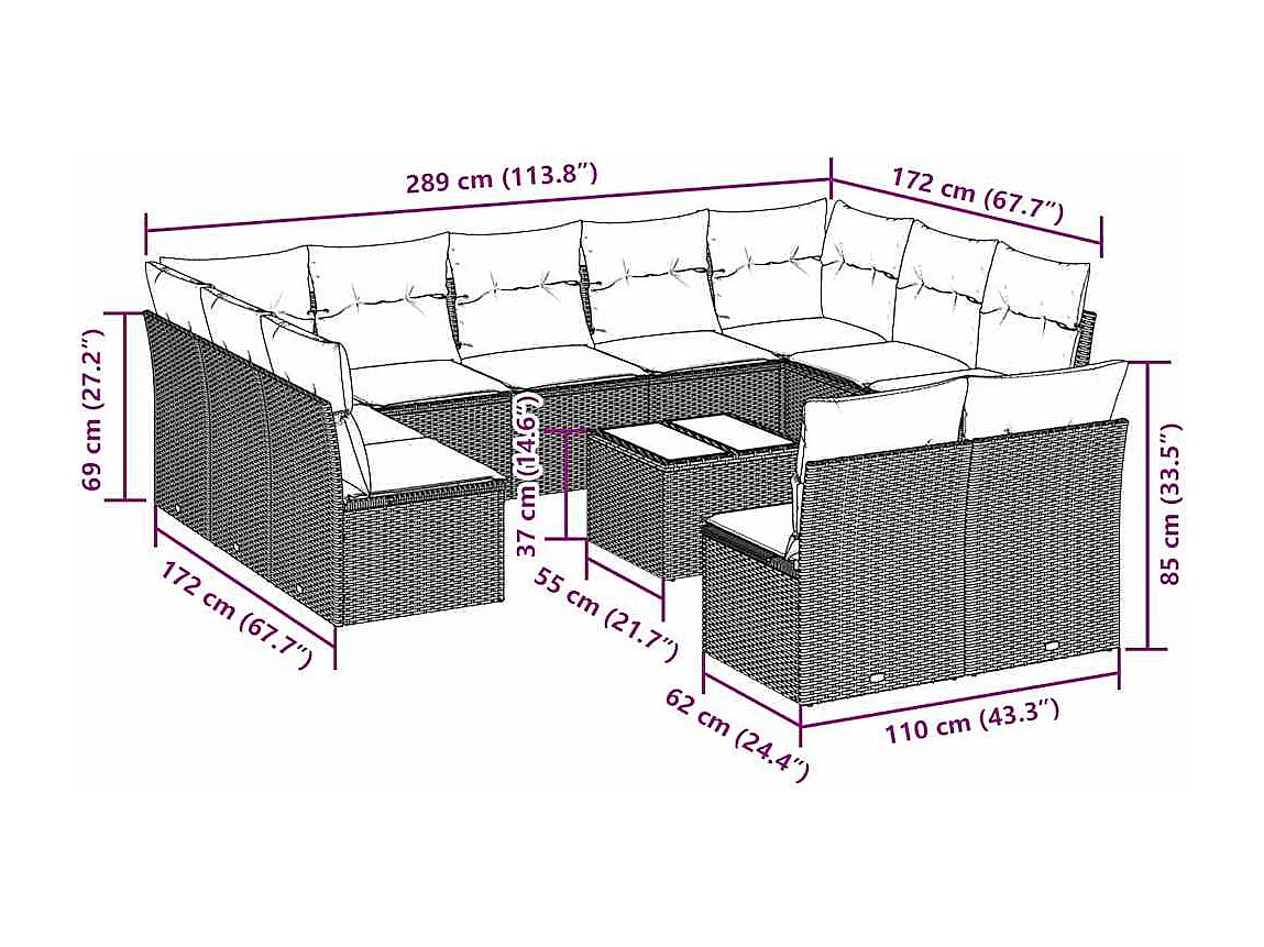 12-delige Loungeset met kussens poly rattan lichtgrijs