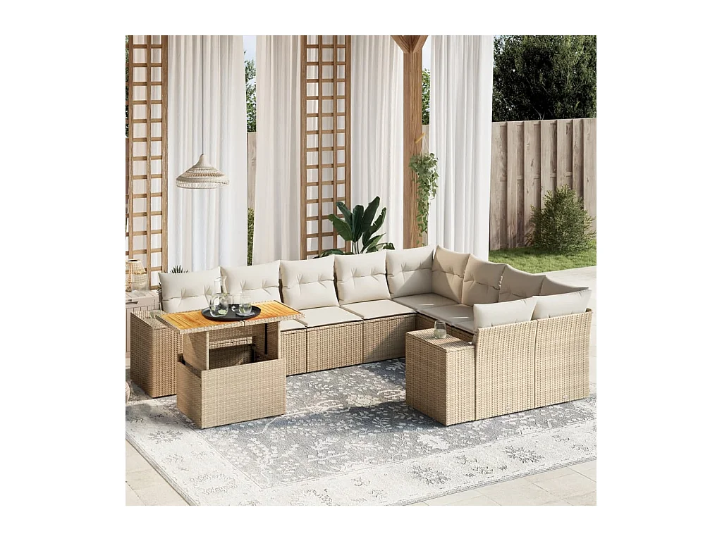 Salon de jardin avec coussins 10 pièces beige résine tressée