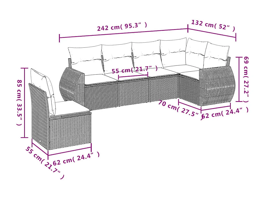 6-delige Loungeset met kussens poly rattan lichtgrijs
