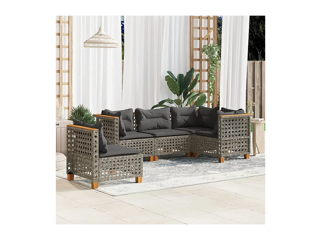 Salon de jardin 5 pièces avec coussins gris résine tressée