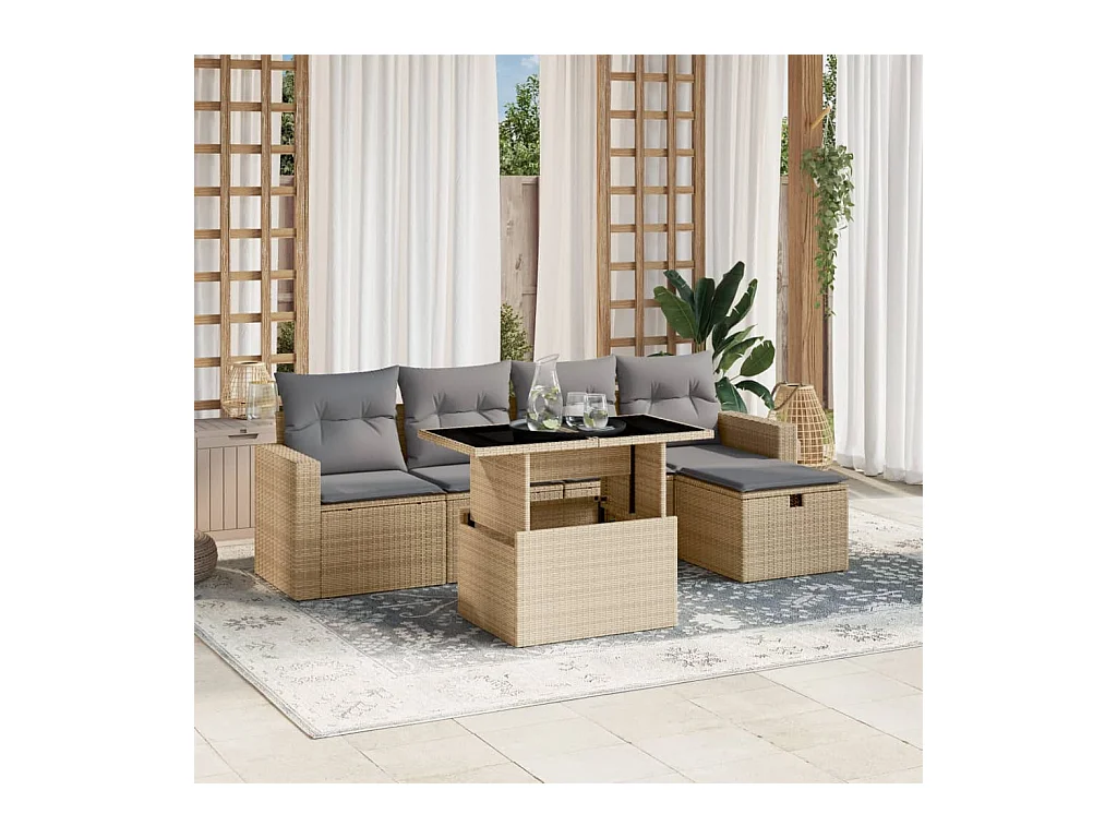 Salon de jardin avec coussins 6 pièces beige résine tressée