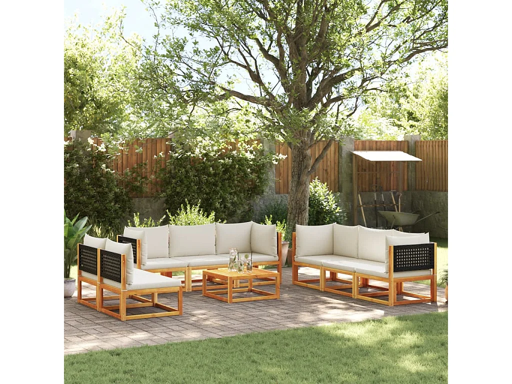 Salon de jardin avec coussins 9 pièces bois massif d'acacia