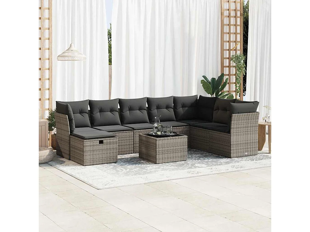 9-delige Loungeset met kussens poly rattan grijs