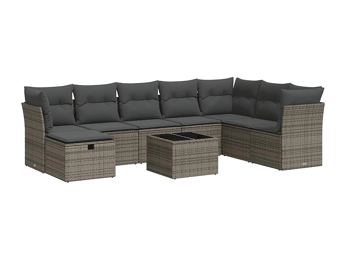 9-delige Loungeset met kussens poly rattan grijs