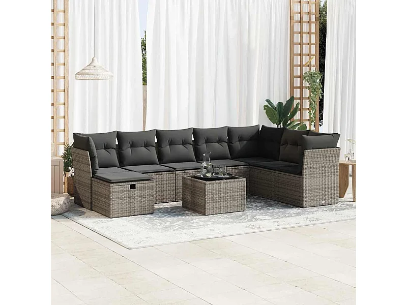 9-delige Loungeset met kussens poly rattan grijs
