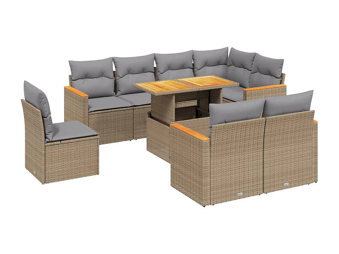 Salon de jardin avec coussins 9 pièces beige résine tressée