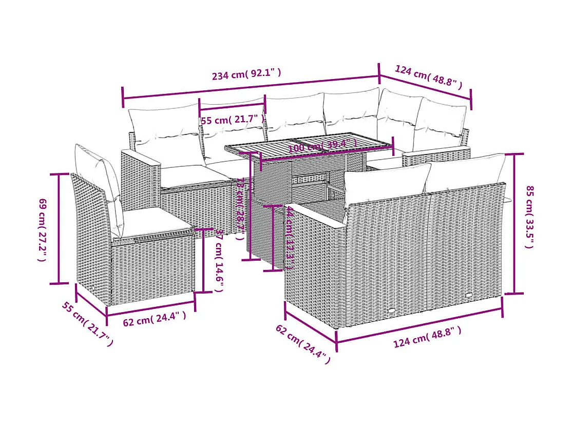 Salon de jardin avec coussins 9 pièces beige résine tressée