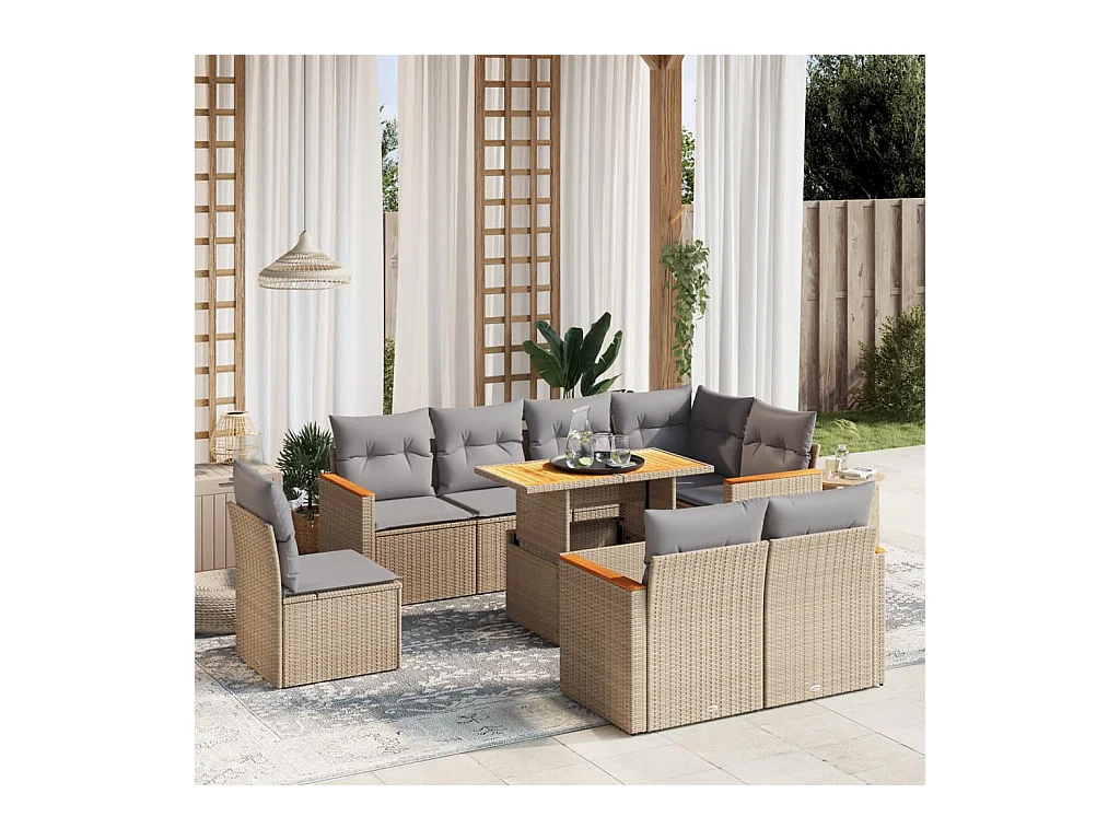 9 peças conjunto de sofás para jardim com almofadões vime PE bege