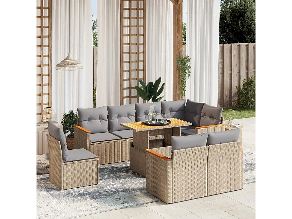 9-delige Loungeset met kussens poly rattan beige