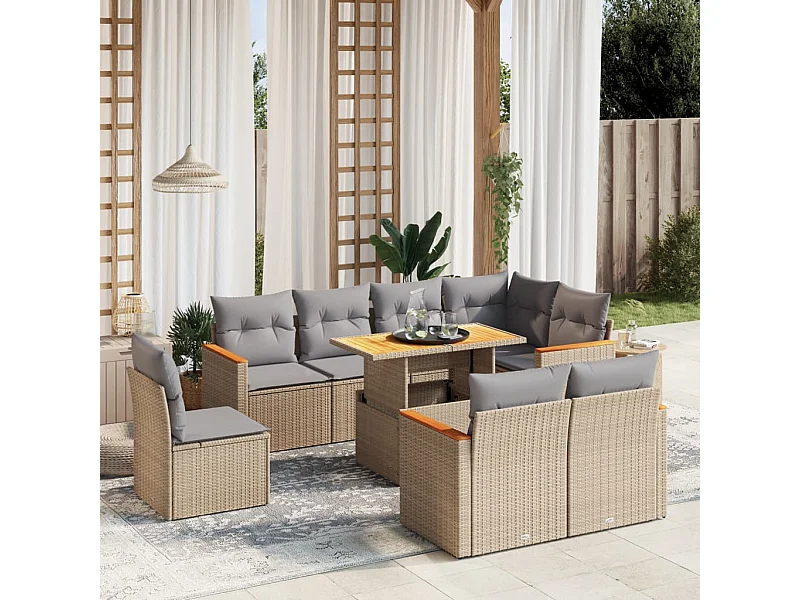 9-delige Loungeset met kussens poly rattan beige