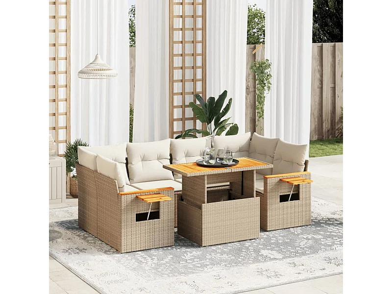 7-delige Loungeset met kussens poly rattan beige