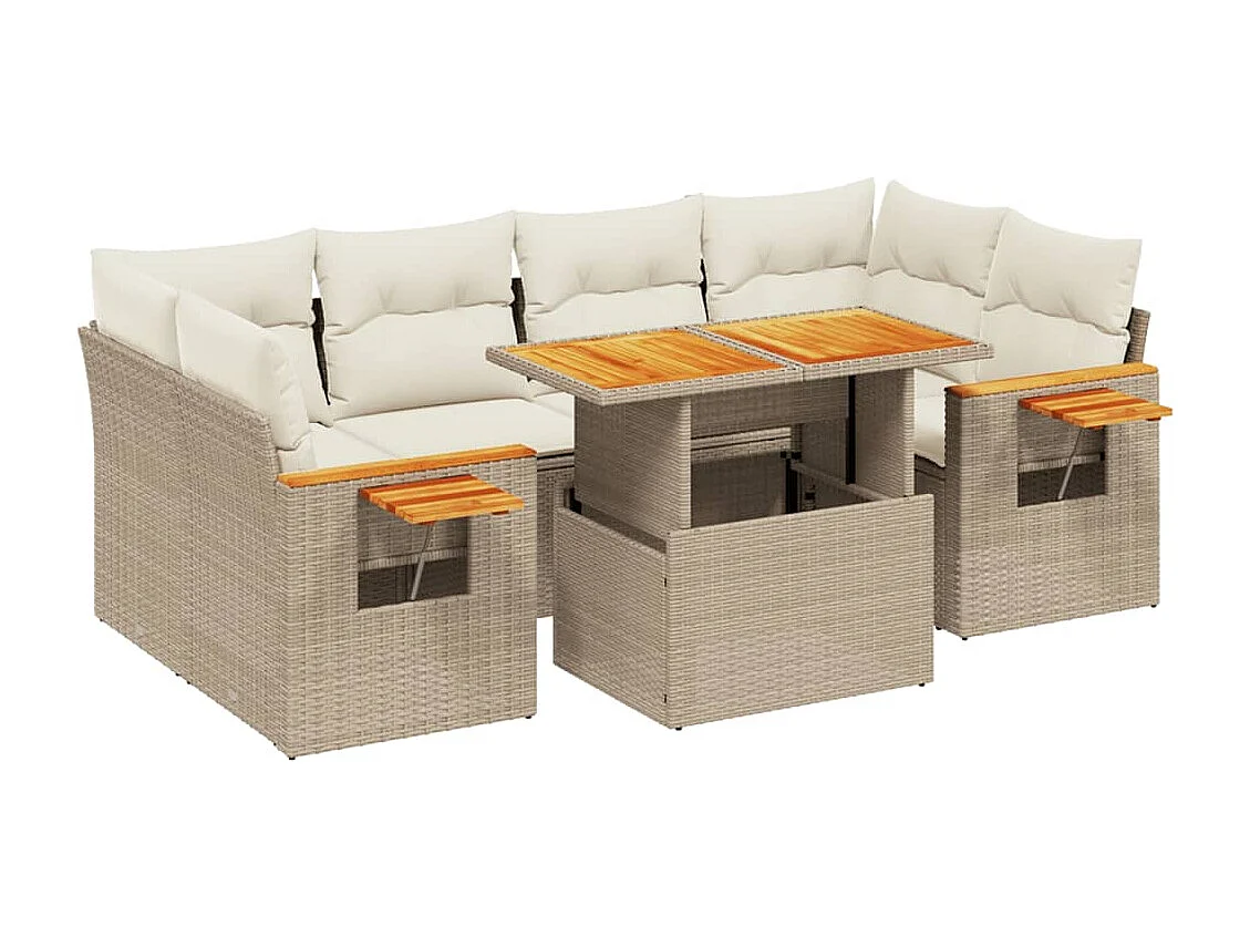 7-delige Loungeset met kussens poly rattan beige