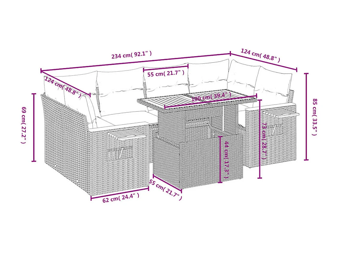7-delige Loungeset met kussens poly rattan beige