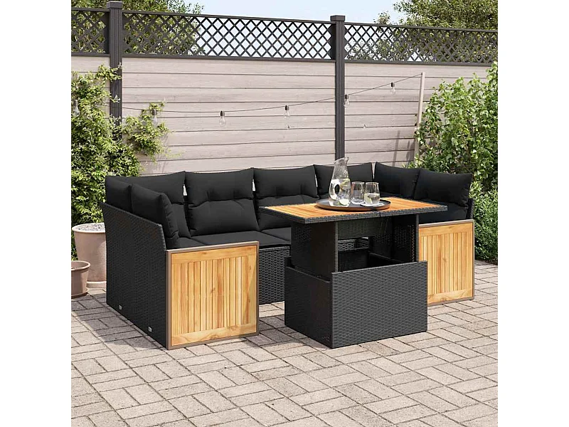 7 peças conjunto sofás jardim com almofadões vime PE/acácia preto